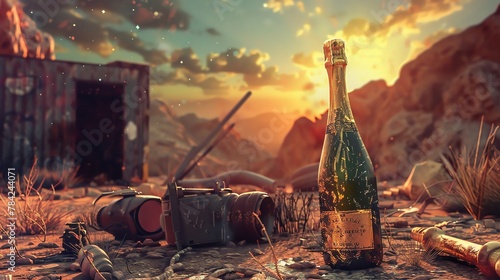 Illustrate a digital glitch art representation of a high-end champagne bottle among rugged survival gear in a post-apocalyptic setting