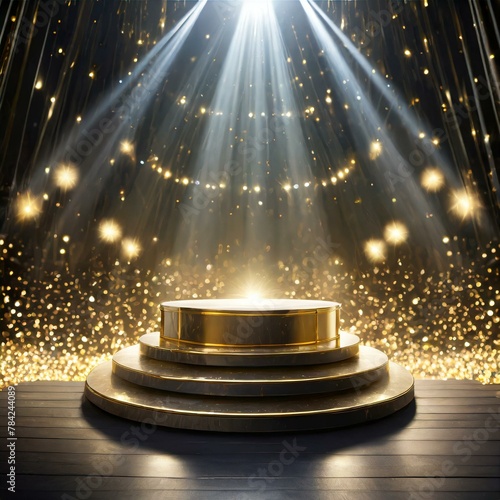 gold stage with spotlight.a stage podium scene illuminated by a spotlight, creating a captivating focal point for an award ceremony. The concept showcases a sleek and modern podium set against a dynam