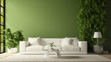 A modern white sofa against a lush green 3D wall, creating a serene oasis of relaxation in the living space.