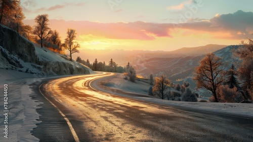 Curvy asphalt road in high mountains with dramatic light at sunset, 