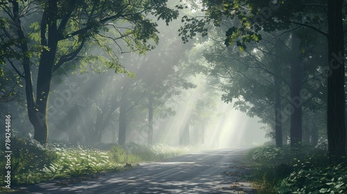 Forest road with misty distance 