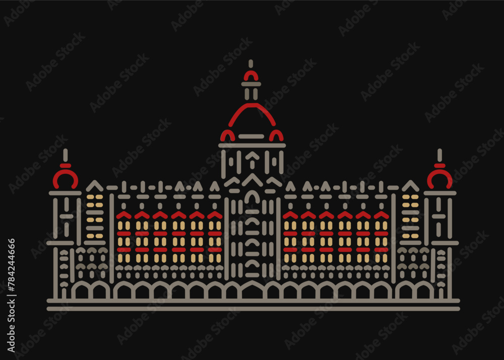 Taj Mahal Palace Mumbai building vector line illustration. Hotel Taj Icon.