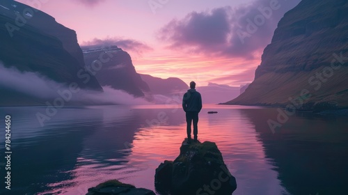 One man contemplating the sky at dawn standing on rocks above a fjord,  photo