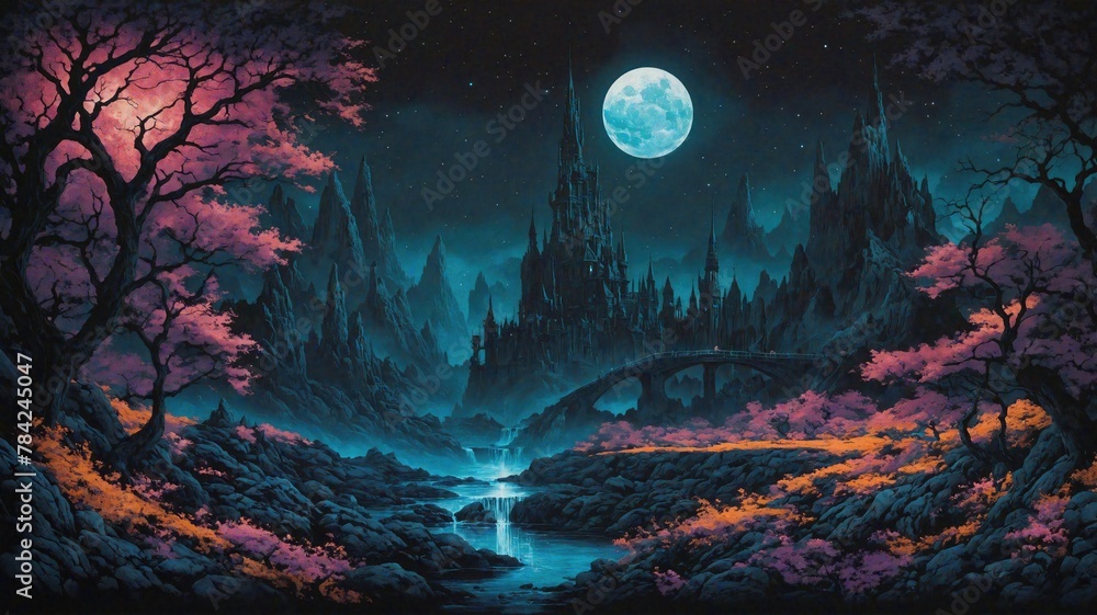 Fantasy landscape with fantasy forest and river in the moonlight.