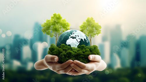 International Day of Forests concept hands holding tree and earth globe over green and city. Save the earth in future ecology concept
