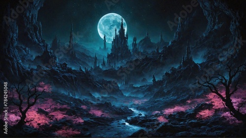 Fantasy landscape with dark forest  full moon and stars.