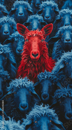 A vibrant red sheef stands out in a crowd of identical blue sheef photo