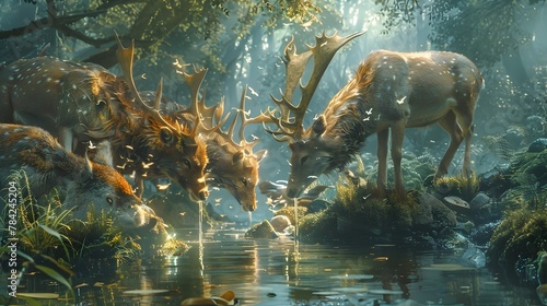 Mystical Creatures Drinking from Enchanted Forest Spring Source of Life and Magic