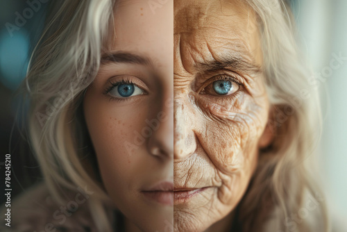 Portrait of woman with clean skin and wrinkles on her face. The concept of aging.
