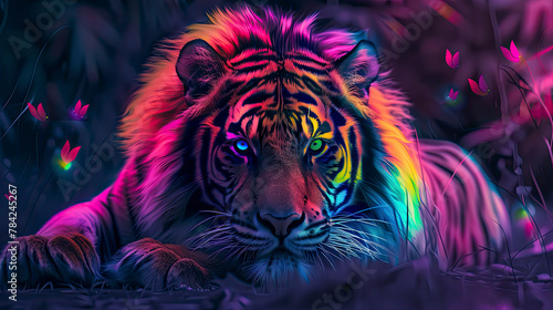 Colorful abstract tiger on dark background. photo