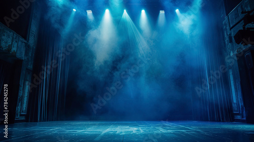 Theater stage with blue lighting, Stage Spotlight with smoke, Stage background.
