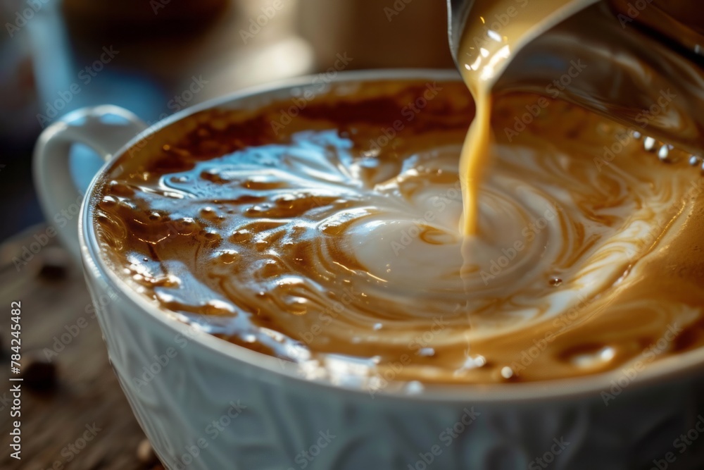 Macro view of stream of aromatic, delicious hot coffee pours in a thin stream into the filled cup, drawing a pattern on the foam.
Macro view of stream of aromatic, delicious hot coffee pours in a thin stream into the filled cup, drawing a pattern on the foam.