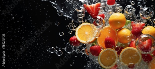 Assorted fruits of orange, berries, grapefruit, lemon, strawberry falling into clear water, banner
