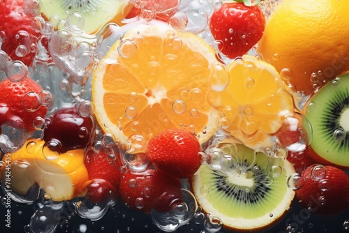 Assorted fruits of orange, berries, grapefruit, lemon, strawberry falling into clear water 