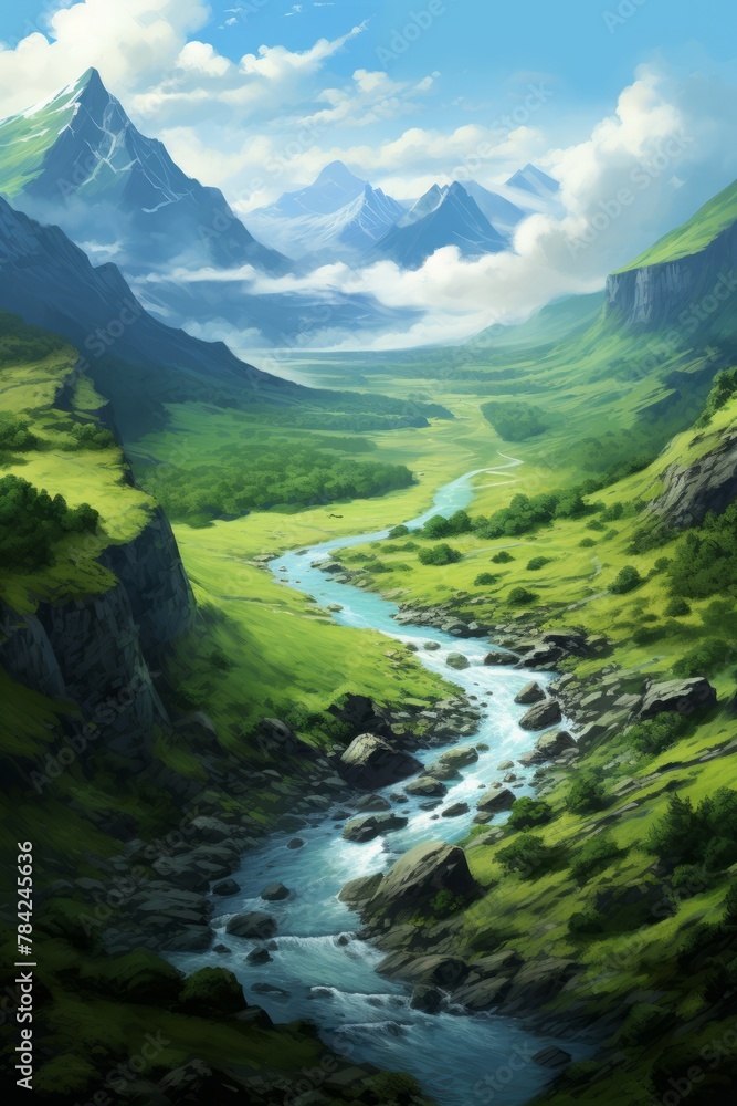 Beautiful landscape with a mountain river among the green slopes of the mountains, travel and tourism concept, vertical
