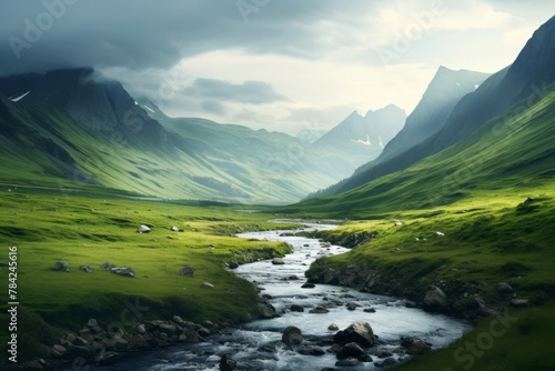 Beautiful landscape with a mountain river among the green slopes of the mountains, travel and tourism concept 
