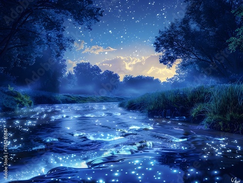 Enchanted Woodland River Glowing with Bioluminescent Wonder under the Starry Night Sky