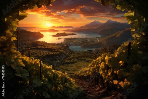 Beautiful sunset landscape view of grape plantations, wine business concept
