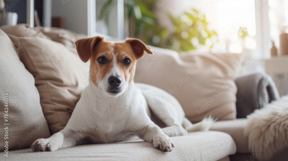 Cute dog lies on a comfortable sofa in a modern bright living room
