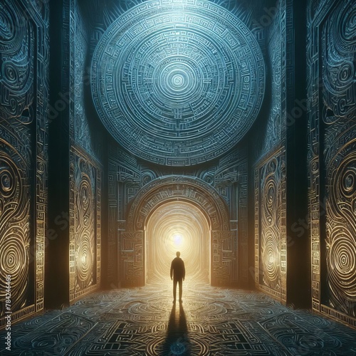 A lone figure stands before the infinity of an ancient, intricate circular corridor radiating with light and mystery.. AI Generation