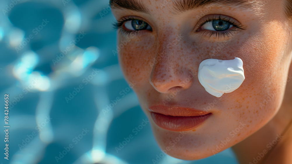 Porträt einer jungen Frau mit Sommersprossen und einen Streifen Sonnencreme im Gesicht vor einem blauen Pool Hintergrund, Konzept für Sonnenschutz im Sommer Porträt einer jungen Frau mit Sommersprossen und einen Streifen Sonnencreme im Gesicht vor einem blauen Pool Hintergrund, Konzept für Sonnenschutz im Sommer