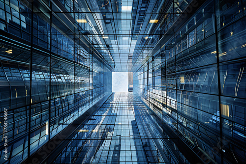 A modern office building with a sleek blue glass corridor illuminated at night reflects the city lights