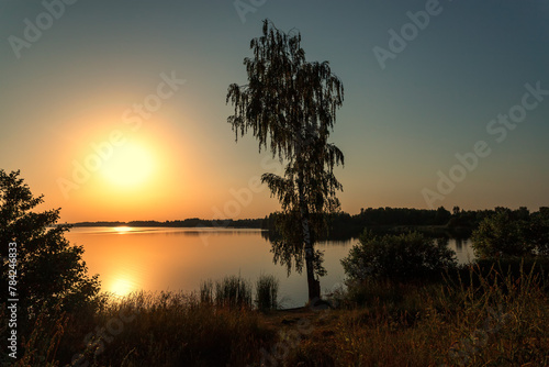 Scenic view of beautiful sunset or sunrise above the pond or lake at spring or early summer evening background and reed grass at foreground. Water reflection.