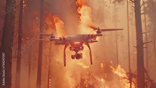 Massive forest fire, smoke filling sky, fire-fighting drones in action photo