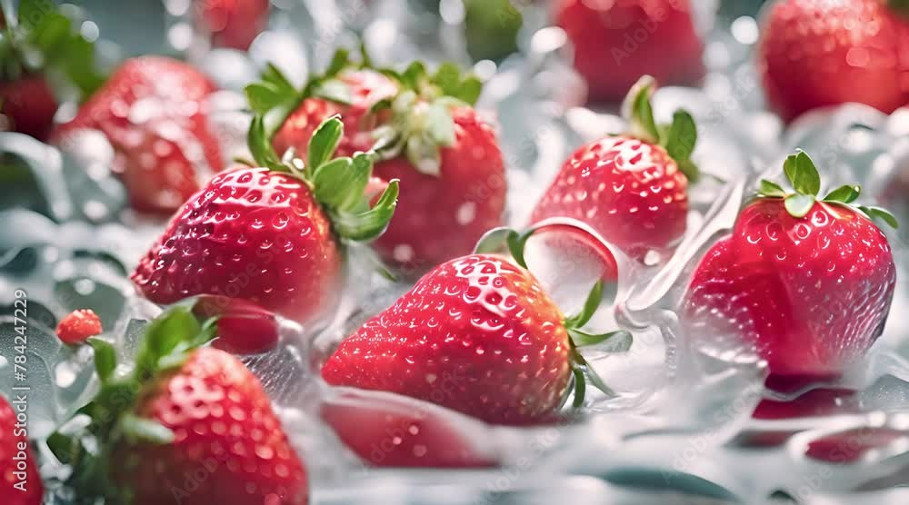 Strawberries, Water Splash Dynamics, Solid Color Backdrop, Light-Toned Illustration with Detailed Precision Strawberries, Water Splash Dynamics, Solid Color Backdrop, Light-Toned Illustration with Detailed Precision