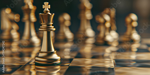 Chessboard with business strategy, tactic and competition of a chess game Business and leadership Close-up of gold and silver team chess board game