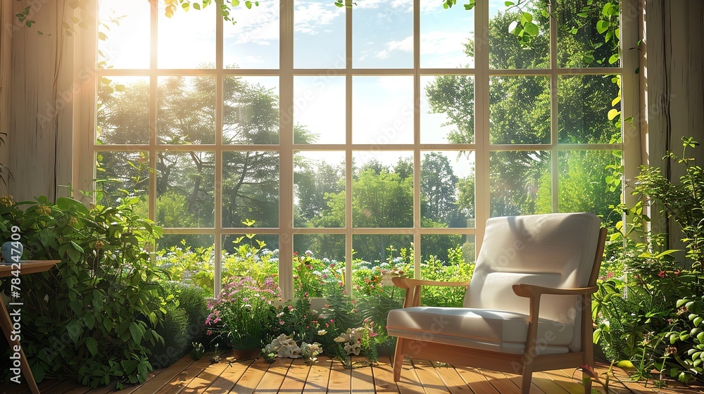 Portrait of summer garden view through a open wooden window with armchair with a big space for text or product, Generative AI.