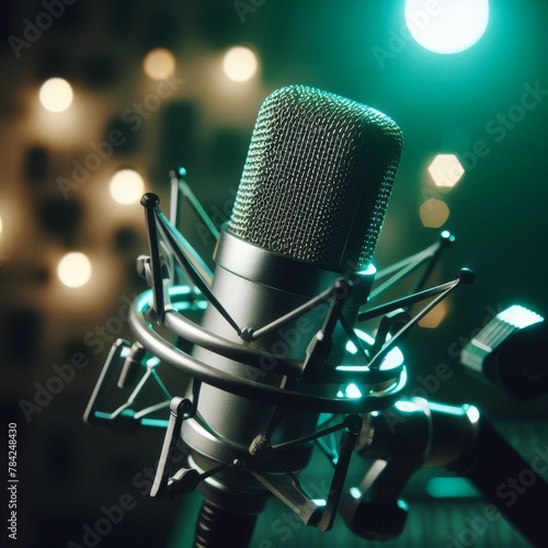 A professional studio microphone under a spotlight  capturing the essence of performance and audio recording.. AI Generation