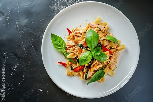 Generative AI : Stir fried trivelle pasta with Canned tuna fish and crispy basil leaves
