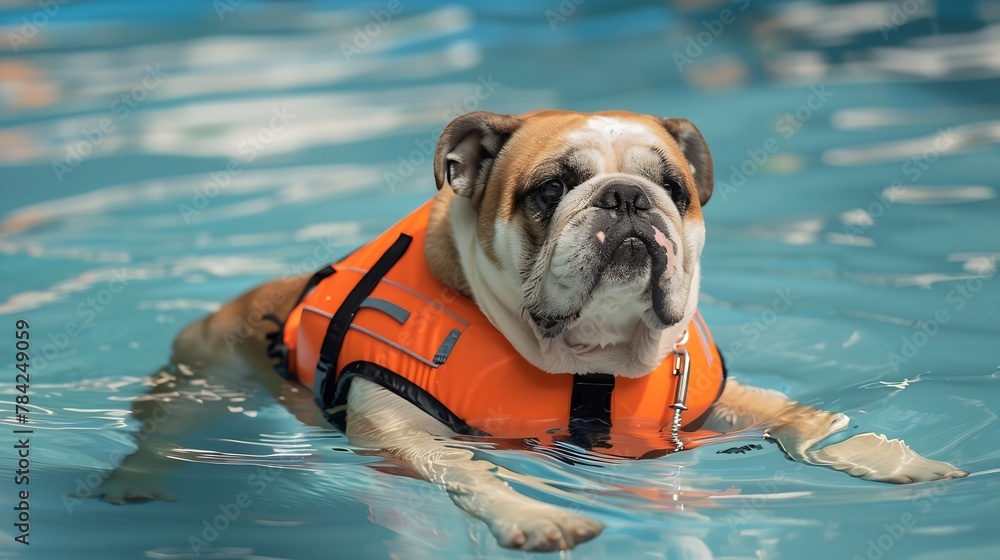 Generative AI : English Bulldog, Dog wear life jacket in swimming pool