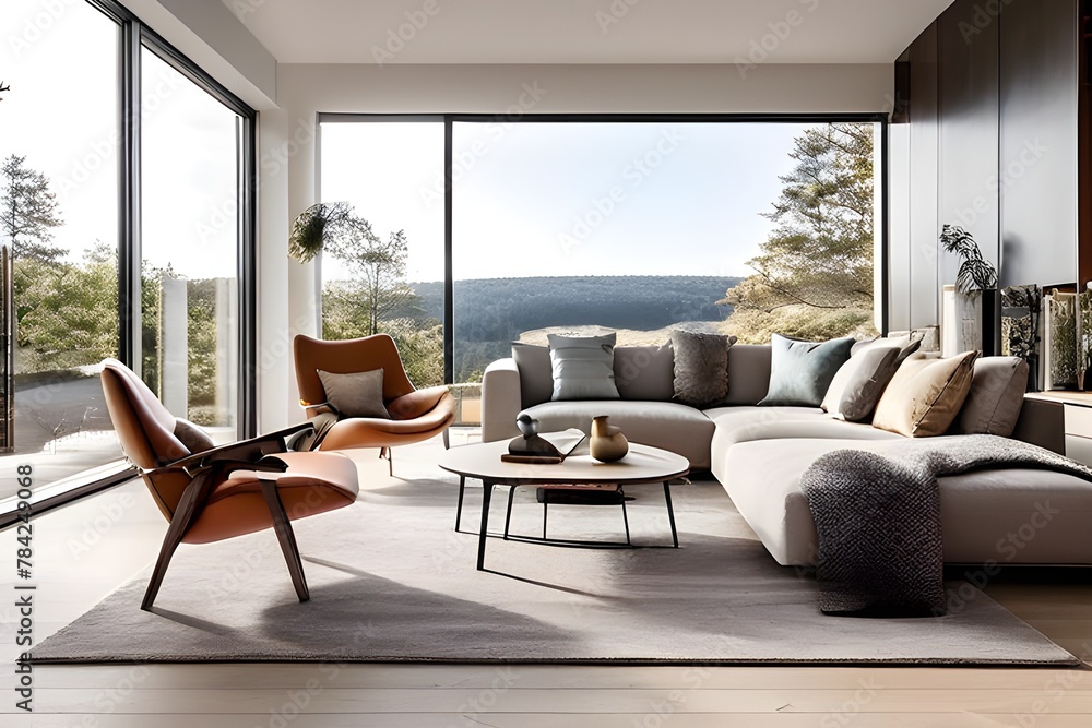 A contemporary living room with expansive windows showcasing a scenic view.