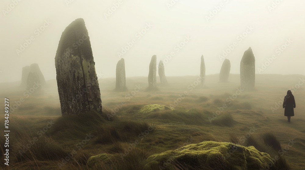 Delve into the enigmatic aura of a mist-covered moor, where time-worn stone circles loom amidst the fog.