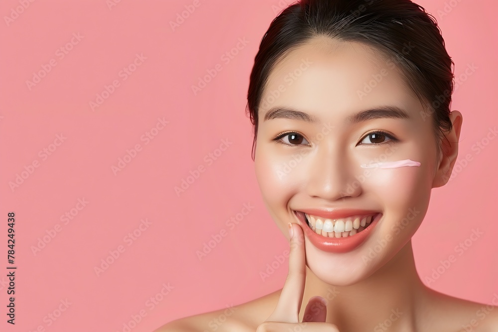 Generative AI : Beautiful young Asian woman pointing finger to her teeth on isolated pink background. Generative AI : Beautiful young Asian woman pointing finger to her teeth on isolated pink background.