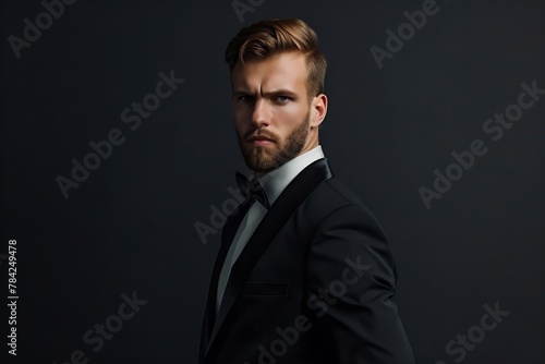 Generative AI : Portrait of handsome stylish man in elegant black suit