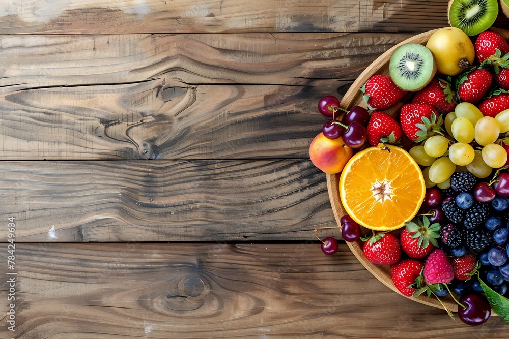 Generative AI : Fresh raw organic summer berries and exotic fruits in round wooden plate on wooden kitchen background. Generative AI : Fresh raw organic summer berries and exotic fruits in round wooden plate on wooden kitchen background.