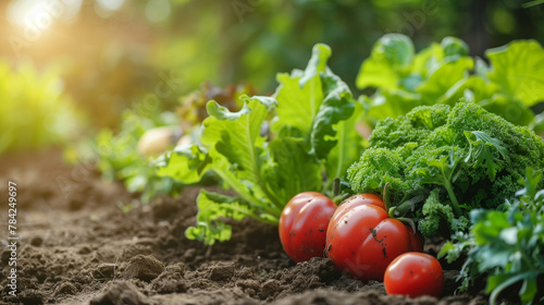 Tomato and lettuce garden vegetables in fresh soil.