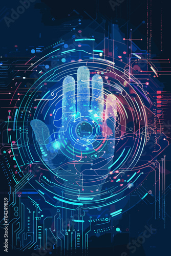 Symbolic illustration of biometric security measures, including fingerprint scanning and facial recognition