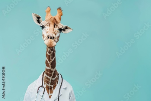 Portrait of a giraffe in a doctor's uniform with a stethoscope, looking forward on a light blue background.
