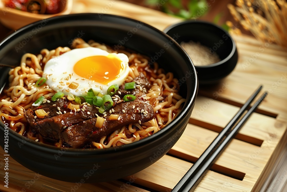 Generative AI : Korean instant noodle with stir fried brisket and onsen egg in black bowl Generative AI : Korean instant noodle with stir fried brisket and onsen egg in black bowl
