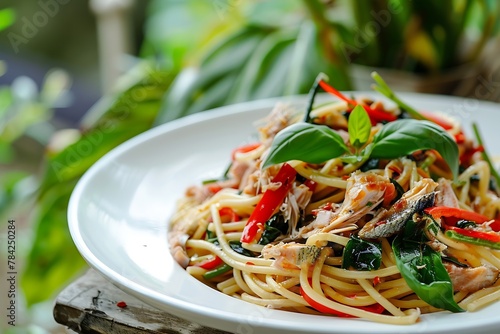 Generative AI : Stir fried trivelle pasta with Canned tuna fish and crispy basil leaves photo