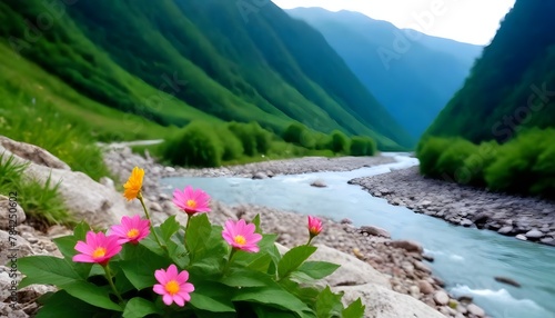 Flower-in-mountain-with-river
