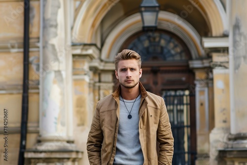 Generative AI : Handsome trendy blond man standing outdoor in European city setting with elegant © The Little Hut