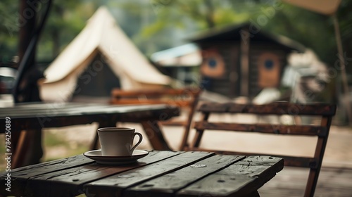 Generative AI : vintage coffee set on the old wooden table In front of the retro cabin tent photo