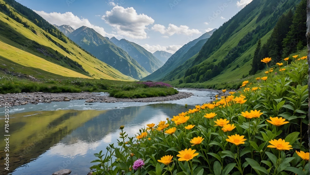 Flower-in-mountain-with-river