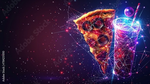 This advanced 3D digital notion depicts an enigmatic image of a pizza drinks oriented like the night sky or space, with wireframe light links and space, Generative AI.
