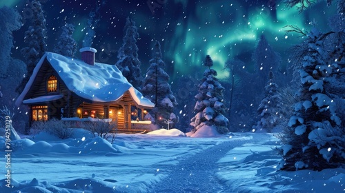 A cozy cabin nestles in a snow-laden landscape, with the mesmerizing Northern Lights dancing in the sky above the towering mountains. Resplendent.